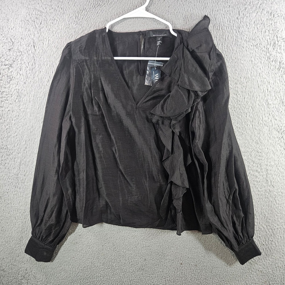 White House Black Market LS Ruffle Statement Blouse Black Womens 12 NEW NWT